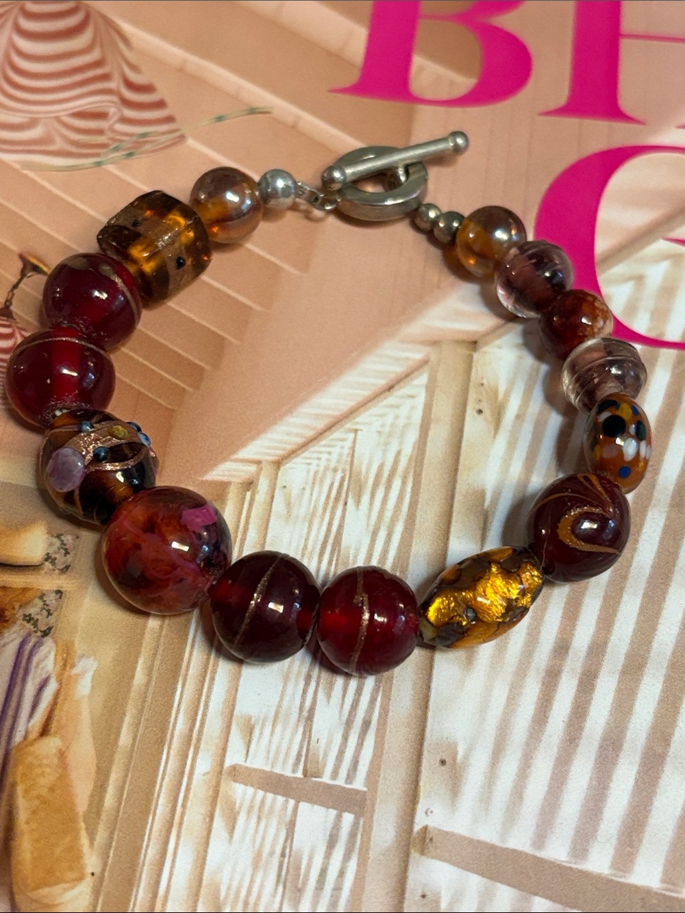 Artisan Burgundy and Gold Glass Bead Bracelet